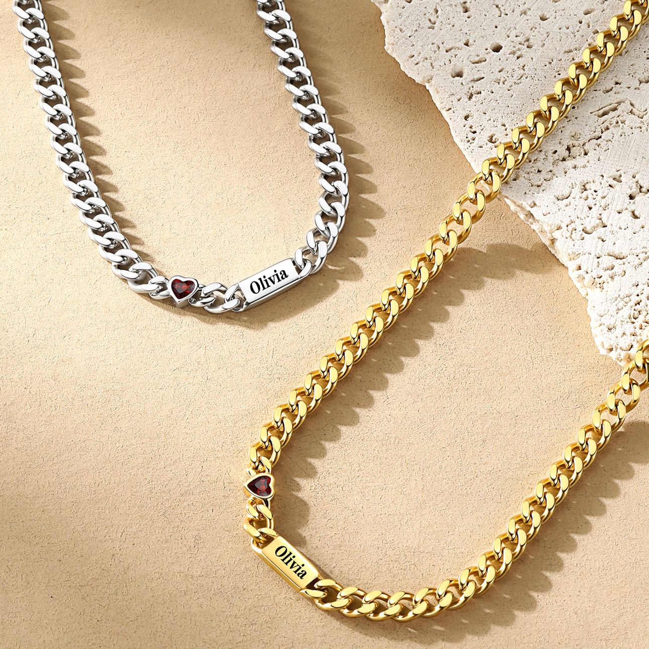 Custom 1-6 Names Heart Birthstones Cuban Link Chain