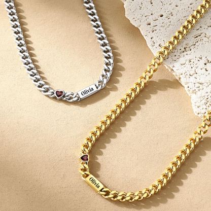 Custom 1-6 Names Heart Birthstones Cuban Link Chain