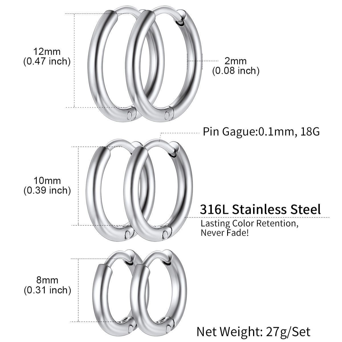 3 Pairs Nickel Free Huggie Hoop Earrings for Men