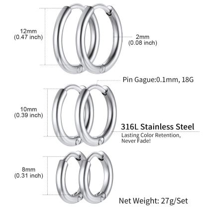 3 Pairs Nickel Free Huggie Hoop Earrings for Men
