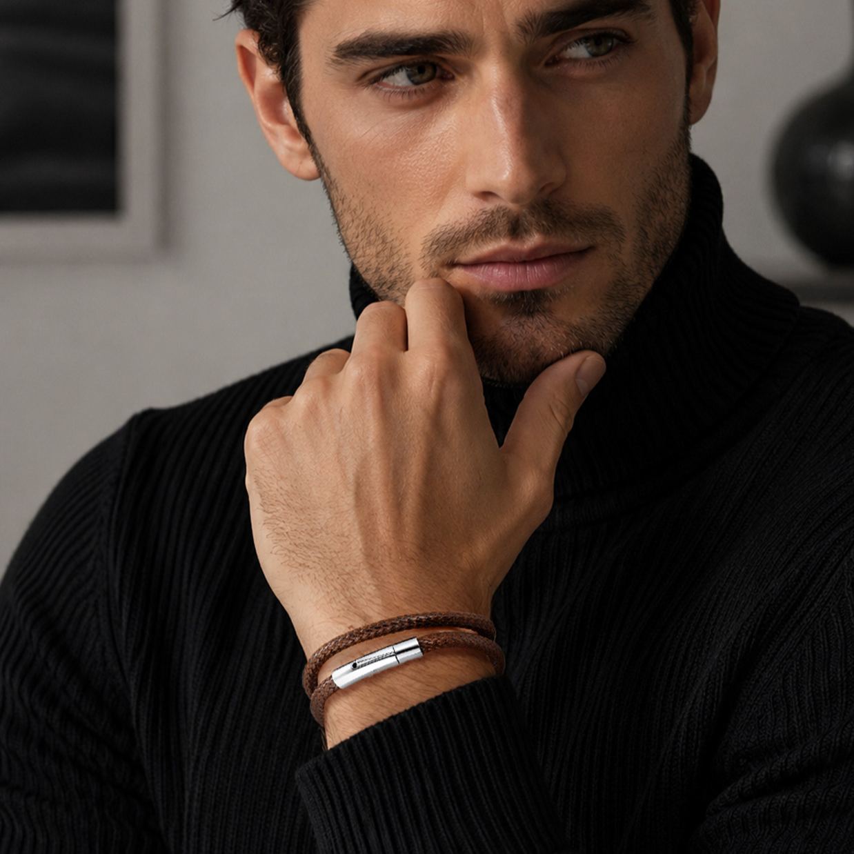 8.5mm Custom Engraved Handmade Leather Bracelet