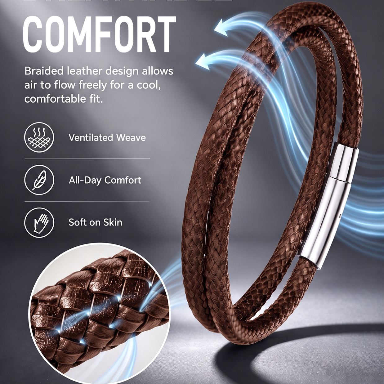 8.5mm Custom Engraved Handmade Leather Bracelet