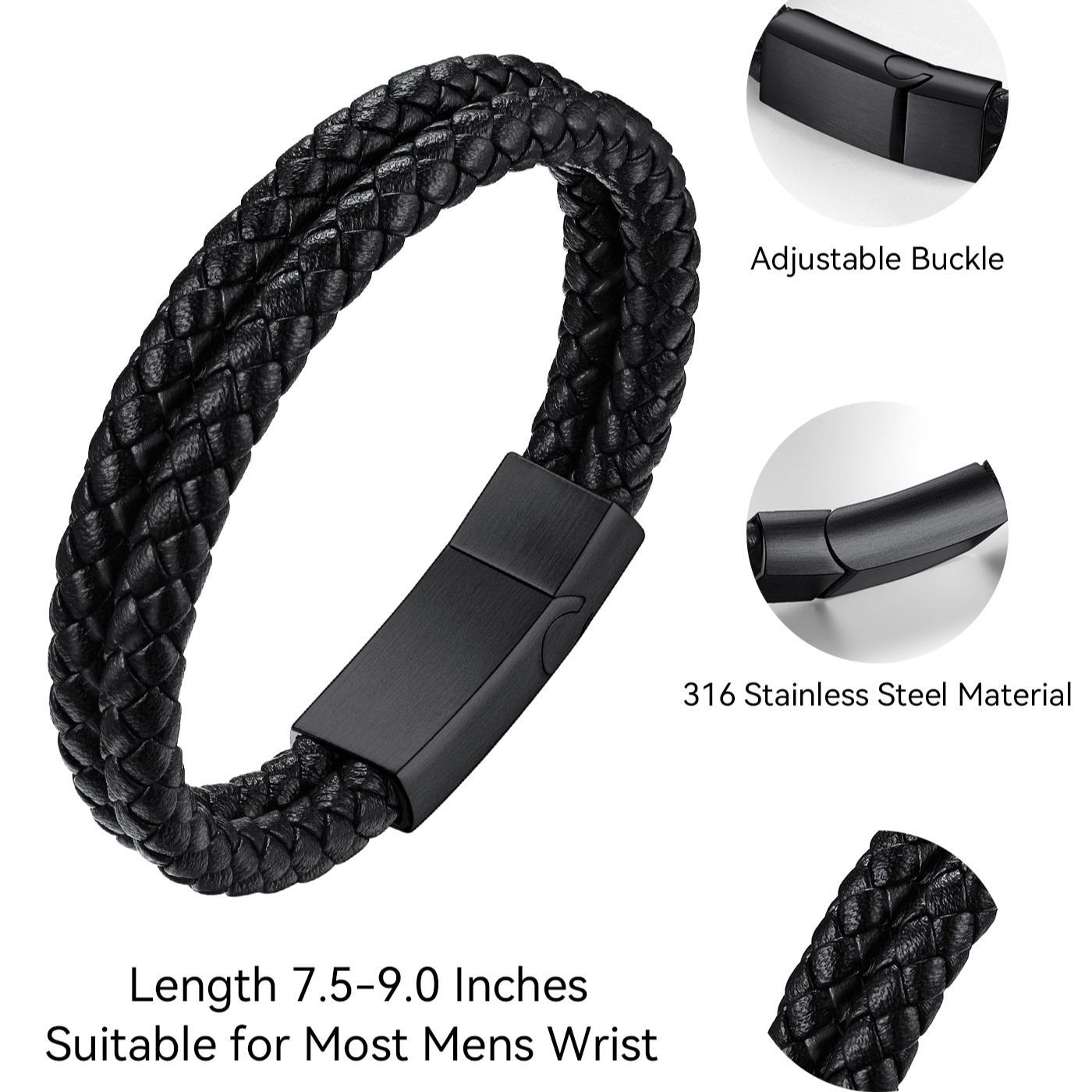 7.5" Rope Leather Bracelet for Men Women