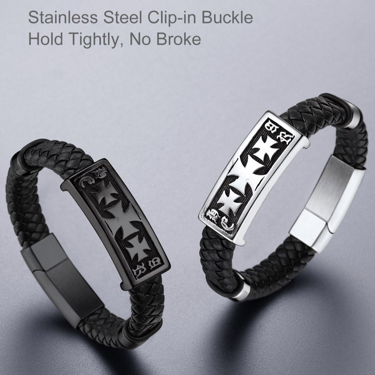 Templar Cross Leather Cord Wristband Bangle For Men