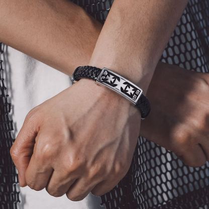 Templar Cross Leather Cord Wristband Bangle For Men