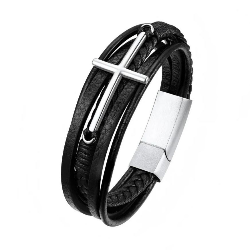 Cross Multi Layered Leather Cord Bracelet