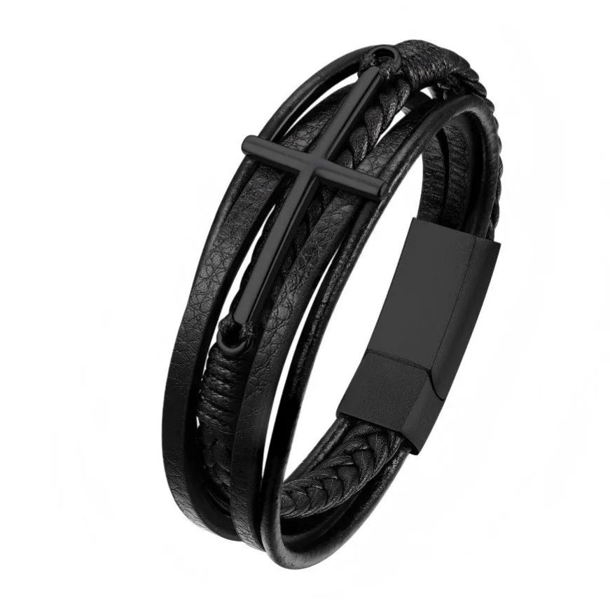 Cross Multi Layered Leather Cord Bracelet