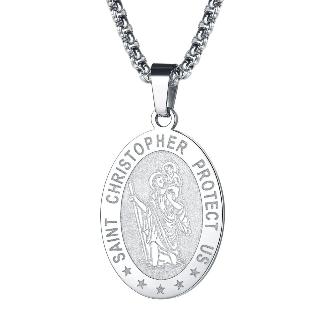 Saint Christopher necklace stainless steel, oval religious pendant necklace on chain