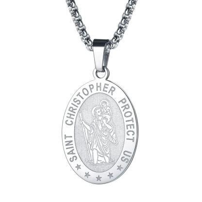 Saint Christopher necklace stainless steel, oval religious pendant necklace on chain