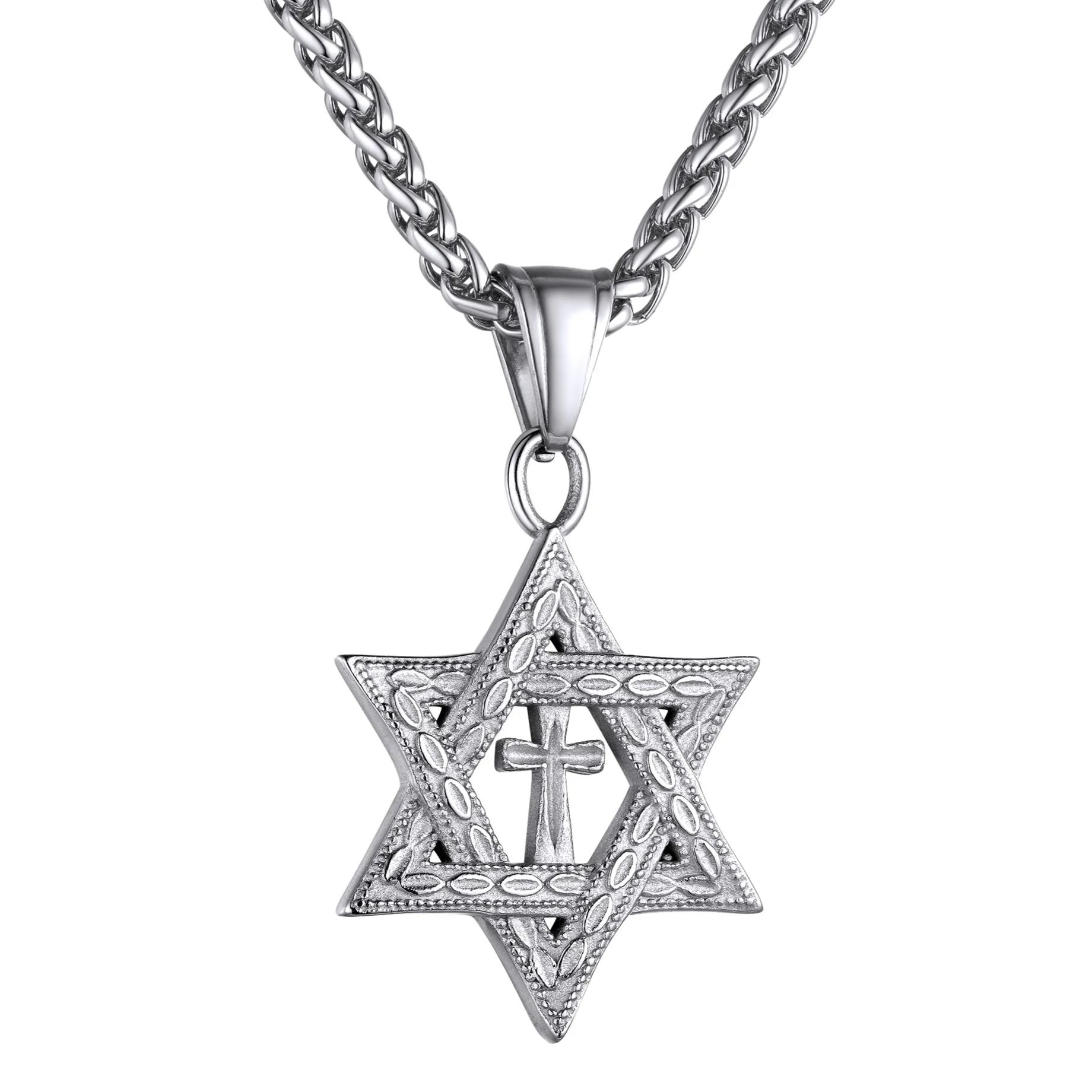 Stainless Steel Star of David Cross Pendant Necklace for Men Women