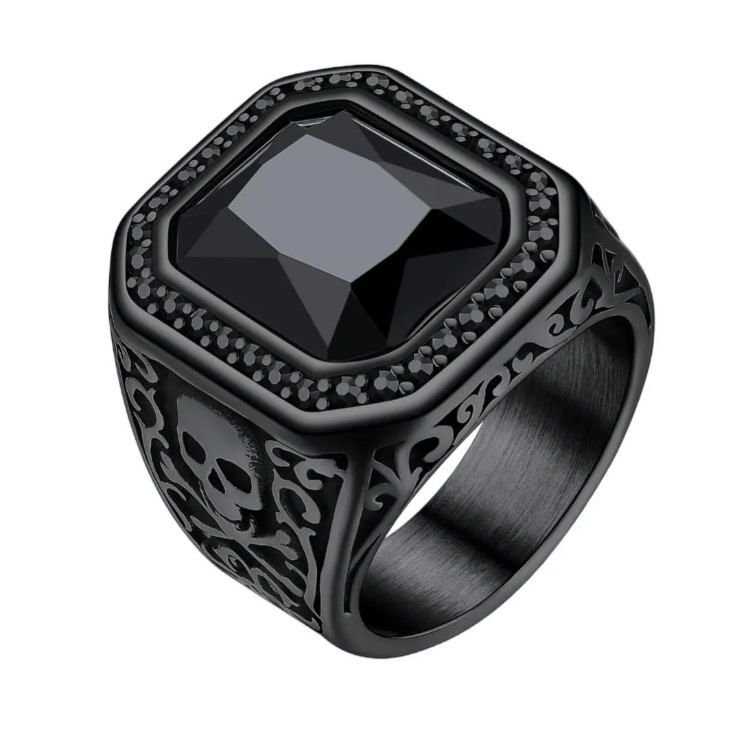 Onyx Blue Stone Skull Ring