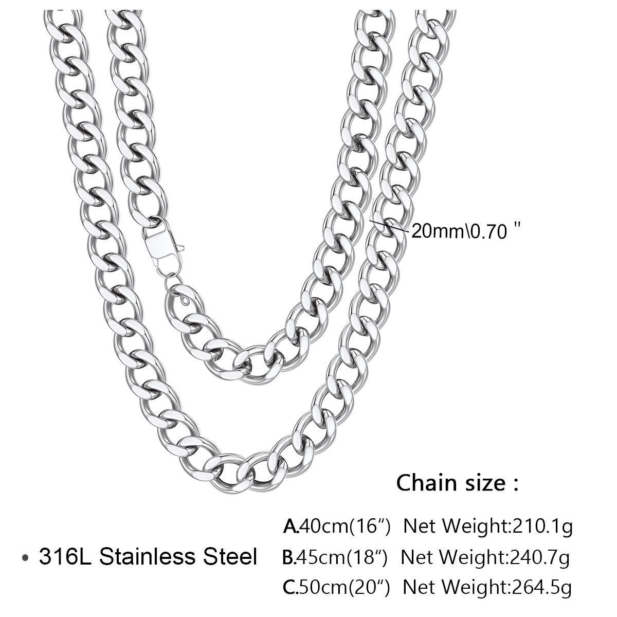 Chunky Stainless Steel Cuban Link Chain Necklace 18-20"