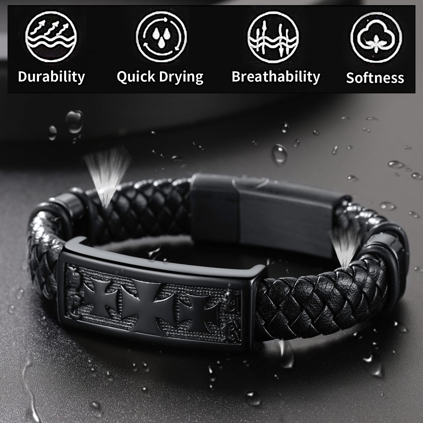 Templar Cross Leather Cord Wristband Bangle For Men