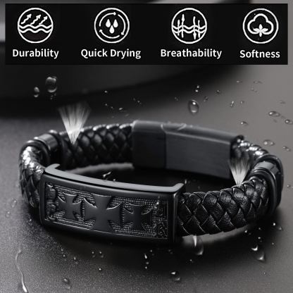 Templar Cross Leather Cord Wristband Bangle For Men