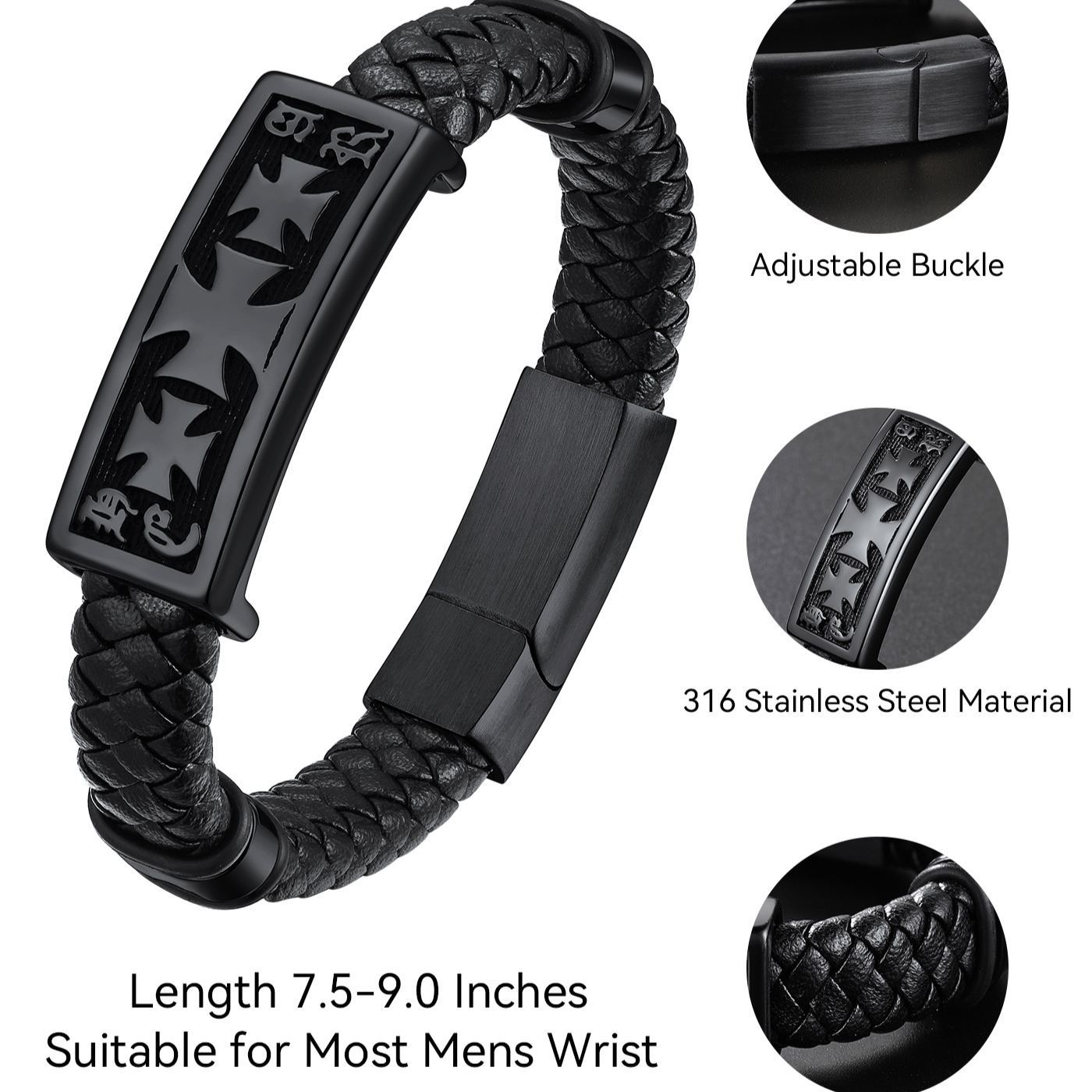 Templar Cross Leather Cord Wristband Bangle For Men