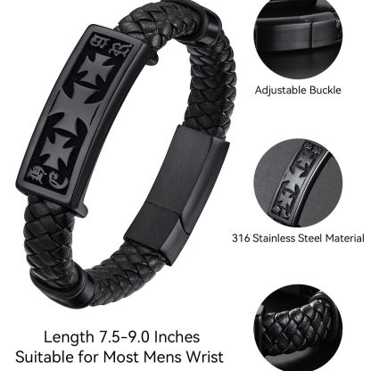 Templar Cross Leather Cord Wristband Bangle For Men