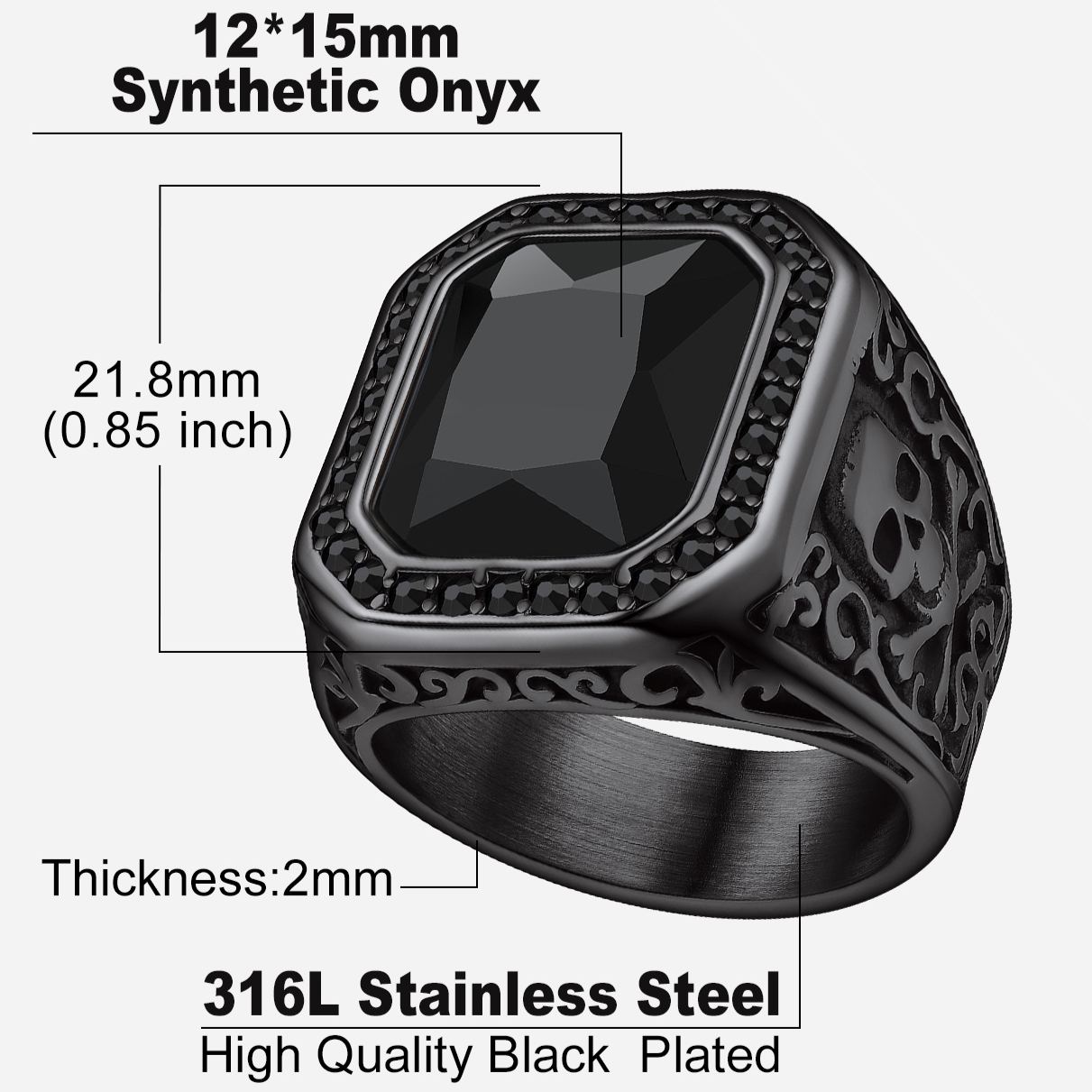 Stainless Steel Black Onyx Skull Ring For Men