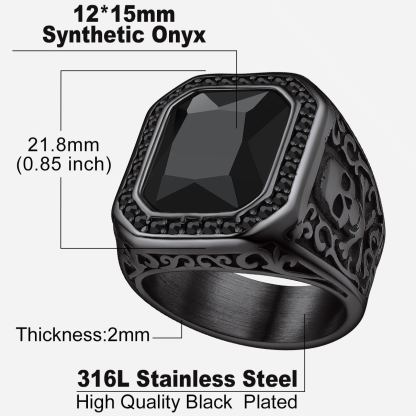 Stainless Steel Black Onyx Skull Ring For Men
