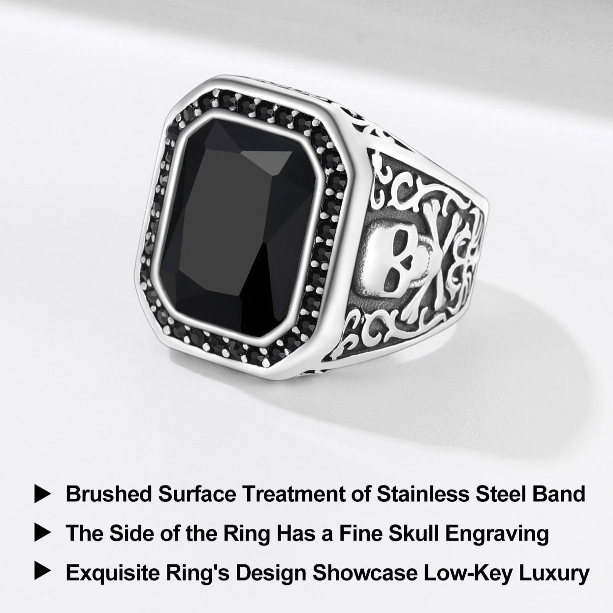 Stainless Steel Black Onyx Skull Ring For Men