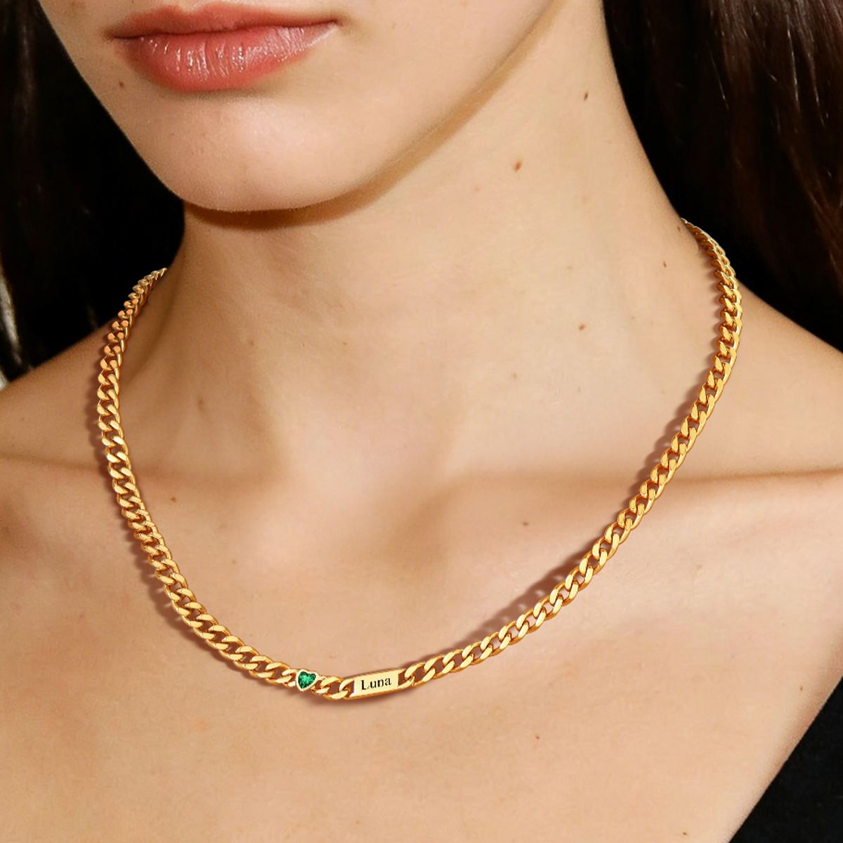 Custom 1-6 Names Heart Birthstones Cuban Link Chain