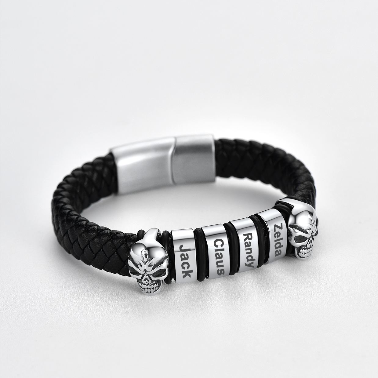 Custom Engravable Name Skull Beaded Leather Bracelet For Him