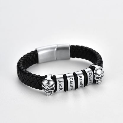 Custom Engravable Name Skull Beaded Leather Bracelet For Him