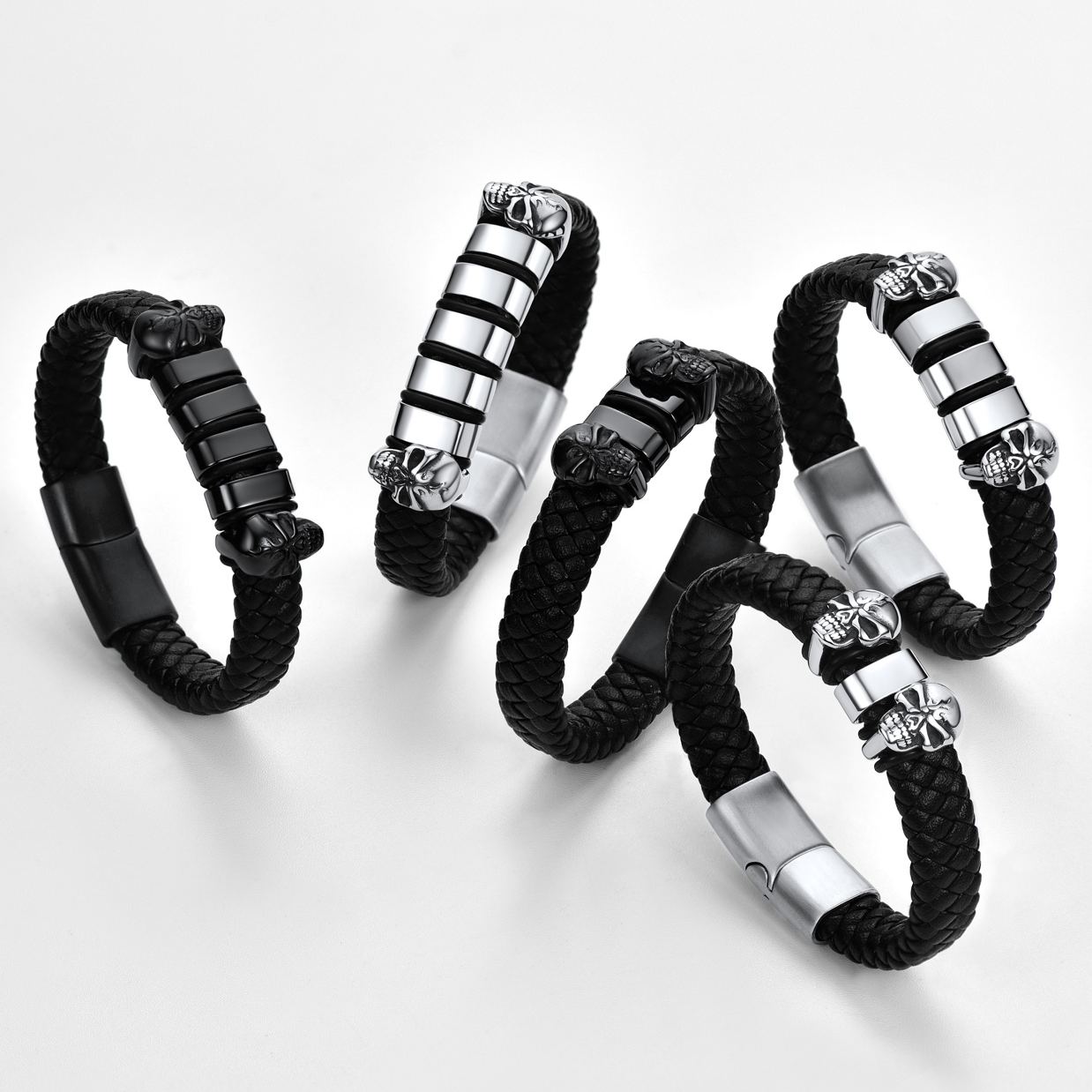 Custom Engravable Name Skull Beaded Leather Bracelet For Him