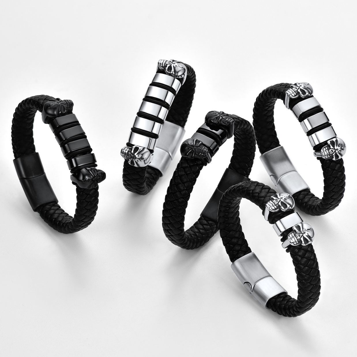 Custom Engravable Name Skull Beaded Leather Bracelet For Him