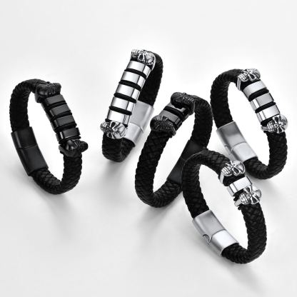 Custom Engravable Name Skull Beaded Leather Bracelet For Him