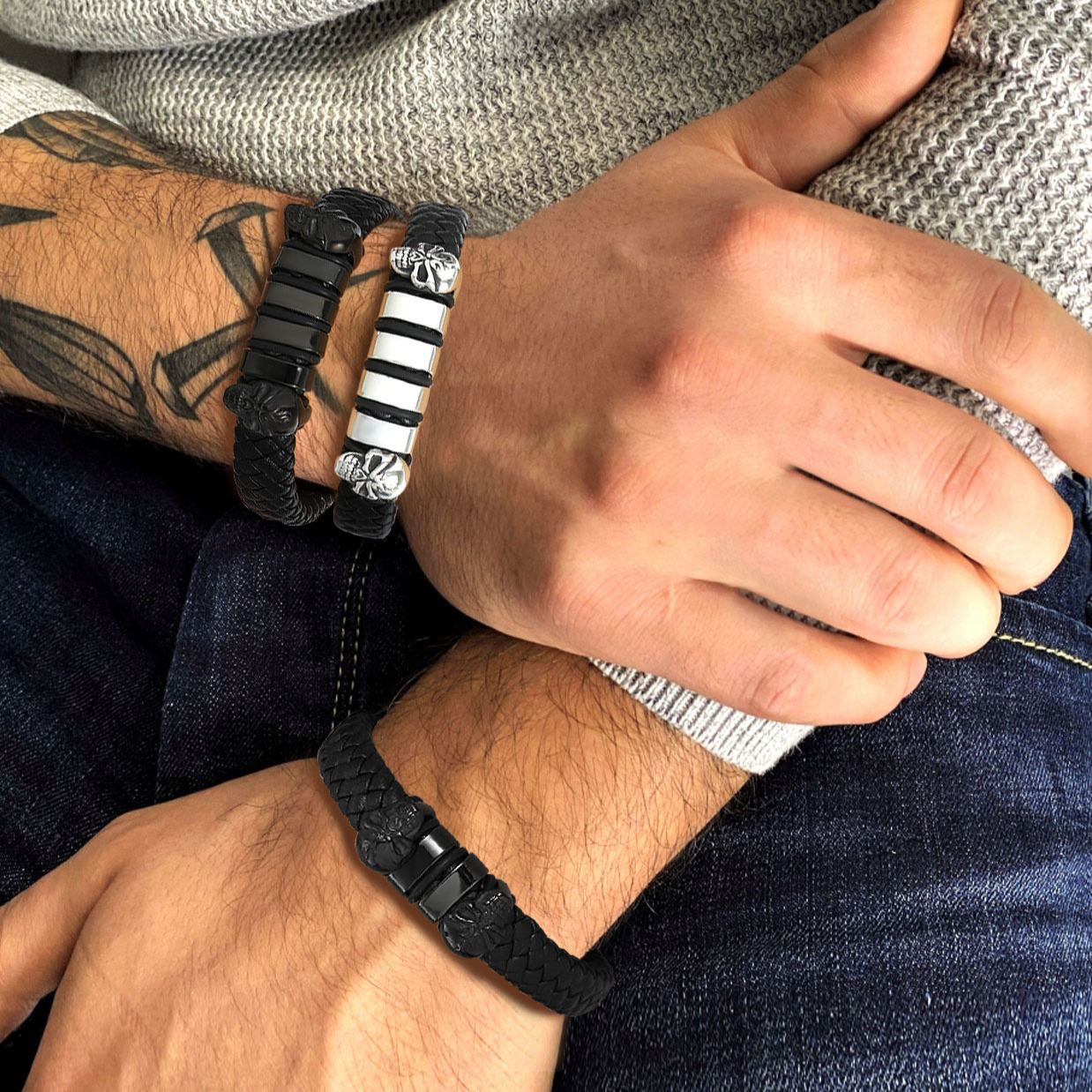 Custom Engravable Name Skull Beaded Leather Bracelet For Him