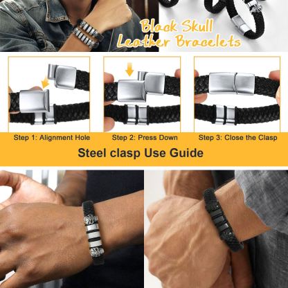 Custom Engravable Name Skull Beaded Leather Bracelet For Him