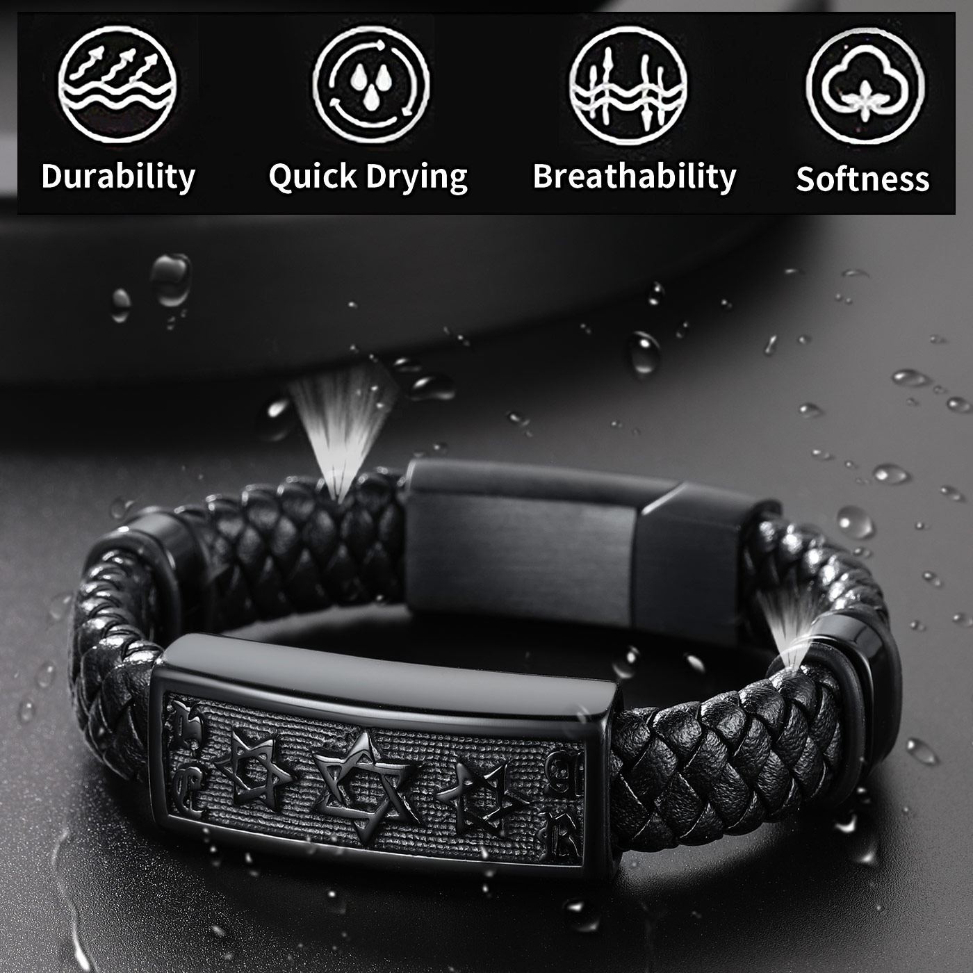 Custom Engraving Star of David Cuff Bracelet Leather For Men