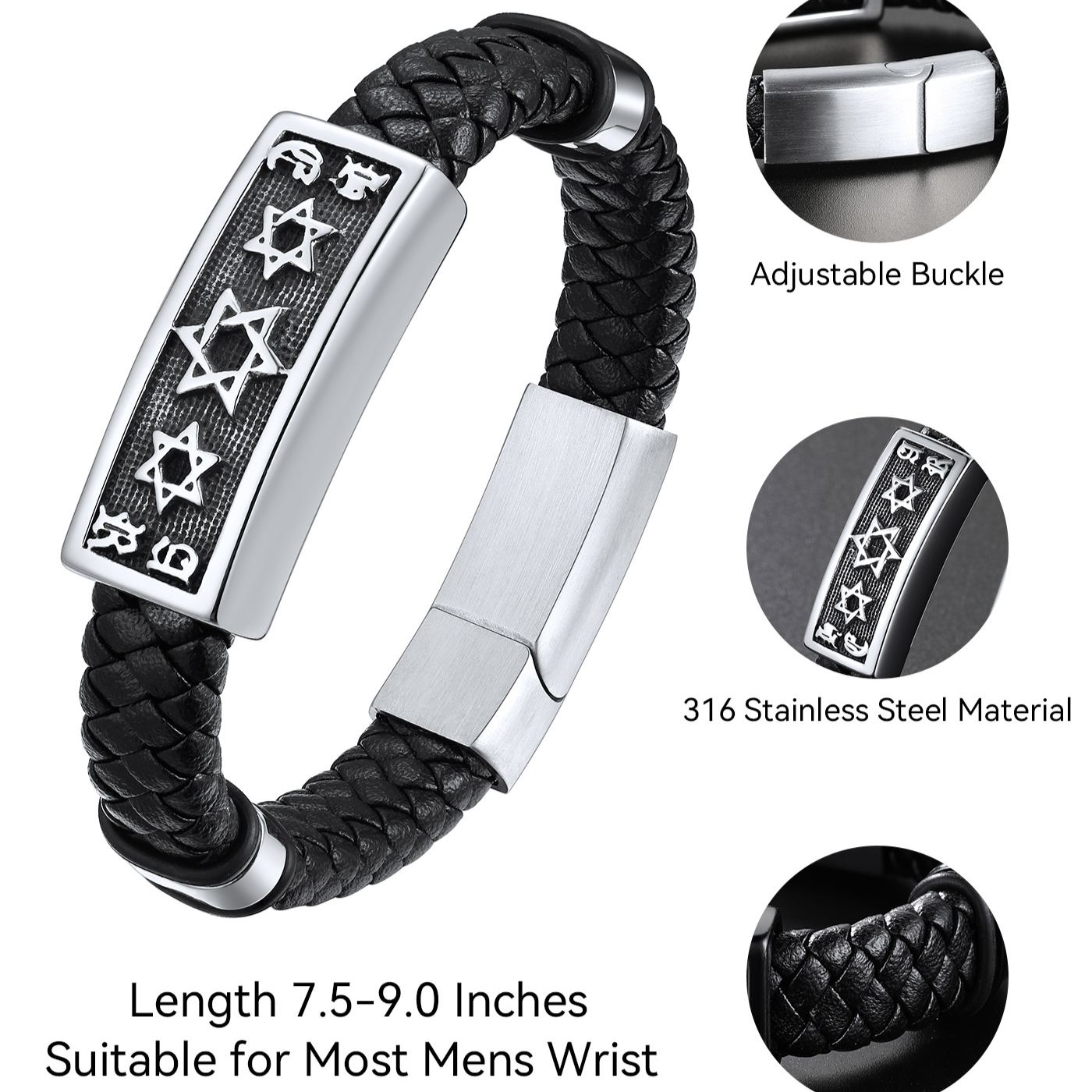 Custom Engraving Star of David Cuff Bracelet Leather For Men