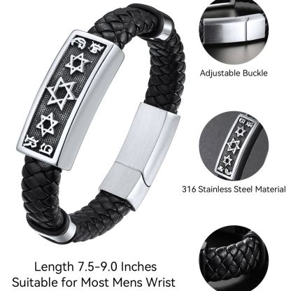 Custom Engraving Star of David Cuff Bracelet Leather For Men