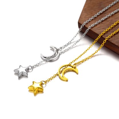 Crescent Moon Star Minimal Lariat Y Necklace