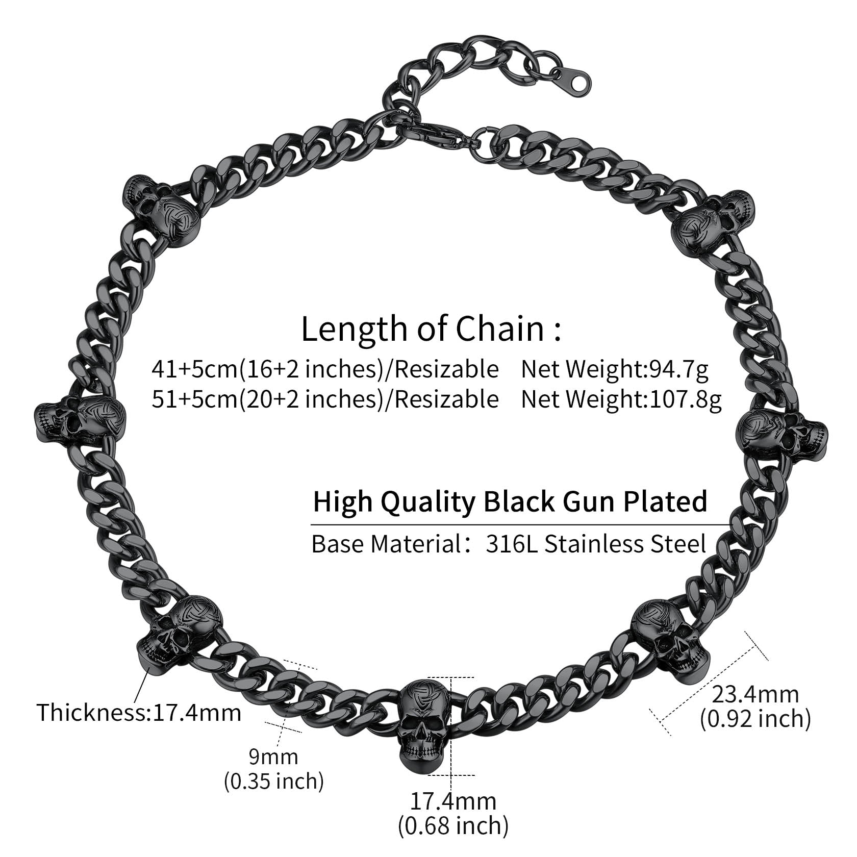 Gothic Skull Cuban Link Chain Choker Necklace - Black Gun Plated