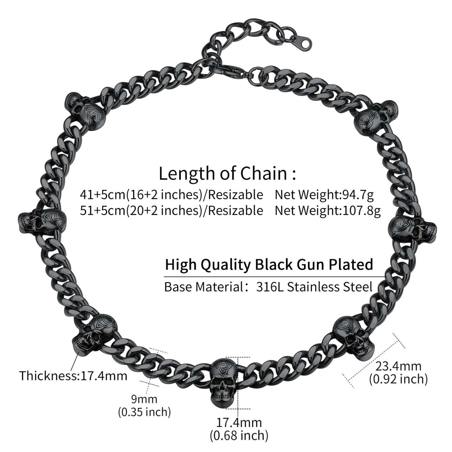 Gothic Skull Cuban Link Chain Choker Necklace - Black Gun Plated