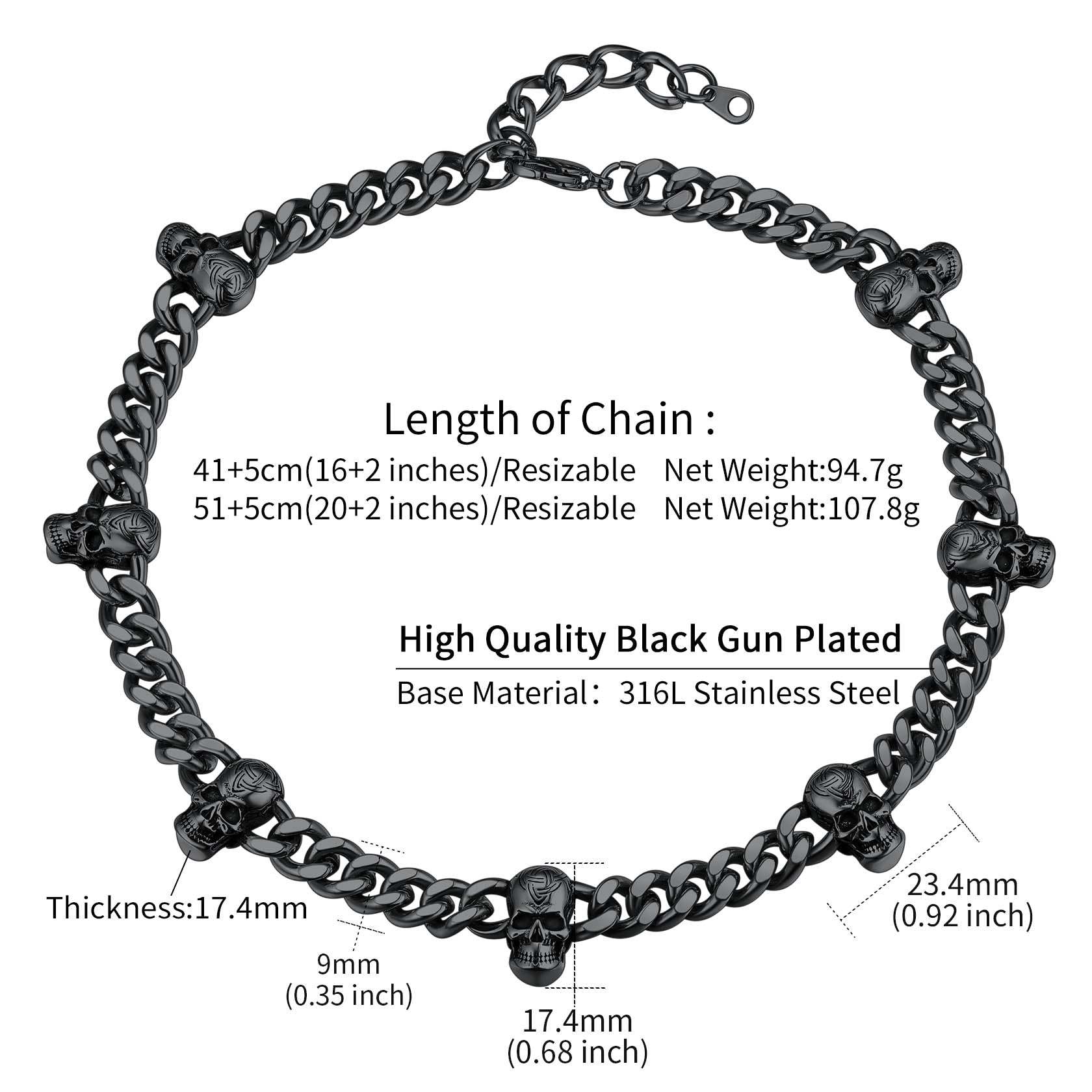 Gothic Skull Cuban Link Chain Choker Necklace - Black Gun Plated