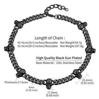 Gothic Skull Cuban Link Chain Choker Necklace - Black Gun Plated