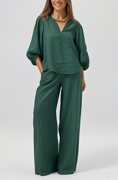 [Copy]Women's Cotton & linen casual Buttoned Shirt & Pants Set