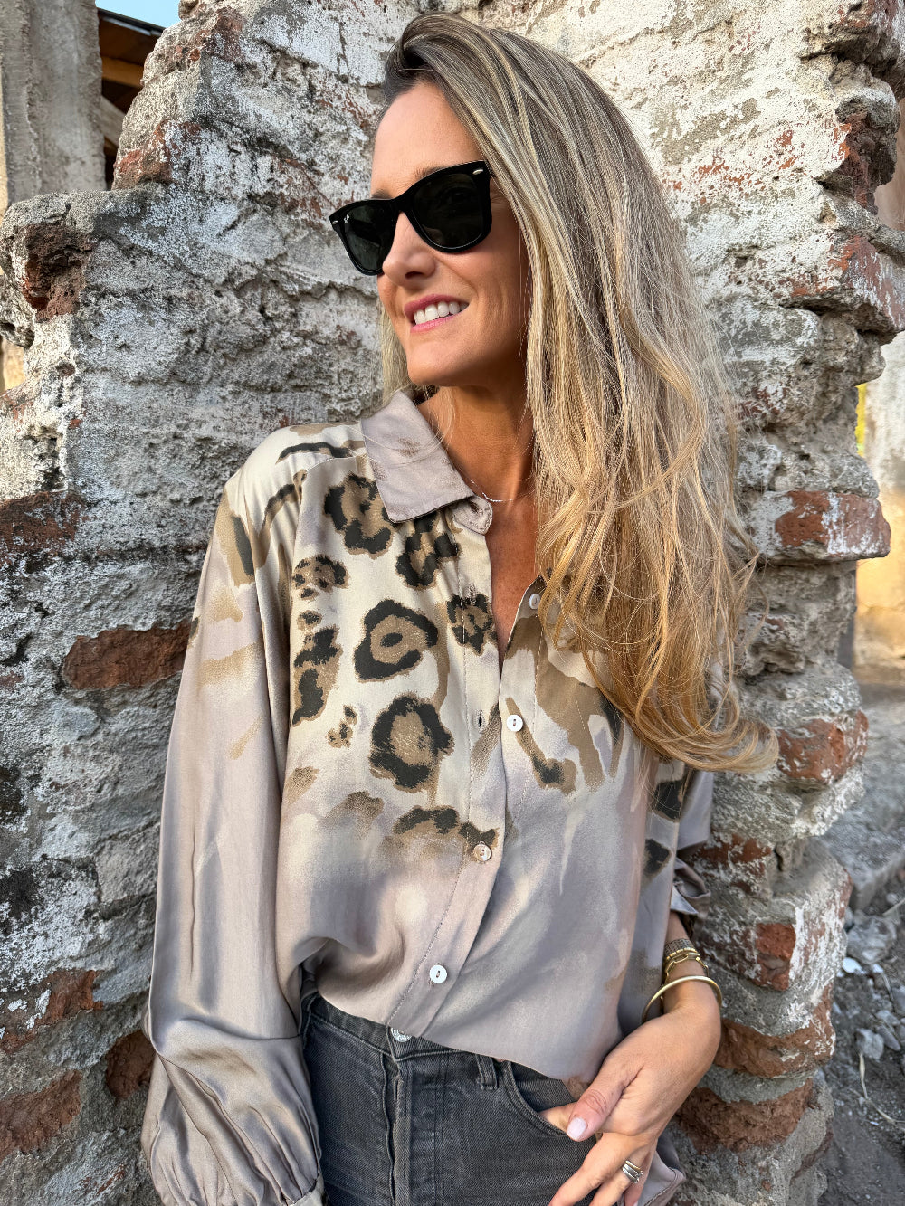 Leopard Print Bubble Sleeve Silk Blend Blouse