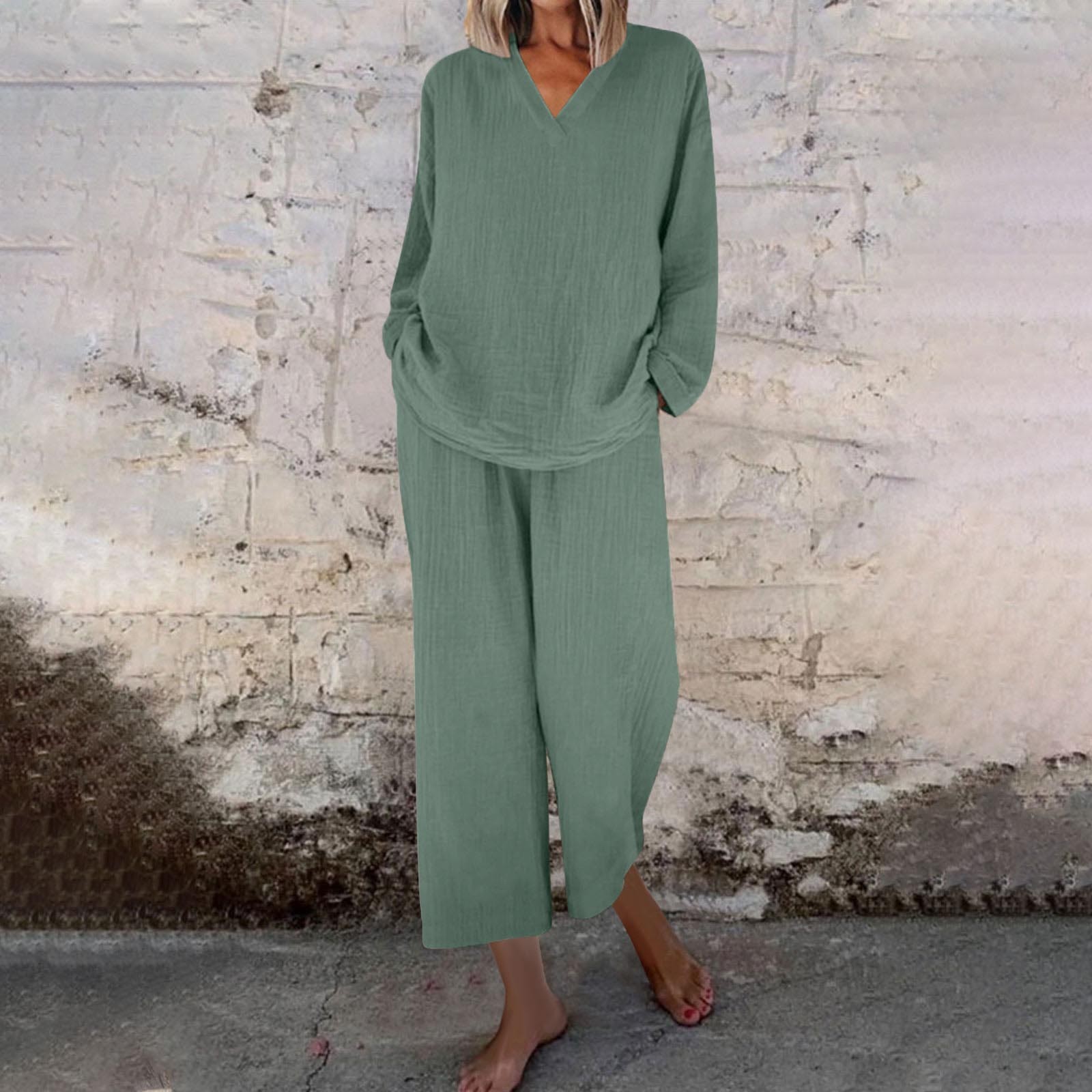 Women's Linen Casual Long Tops & Pants Set
