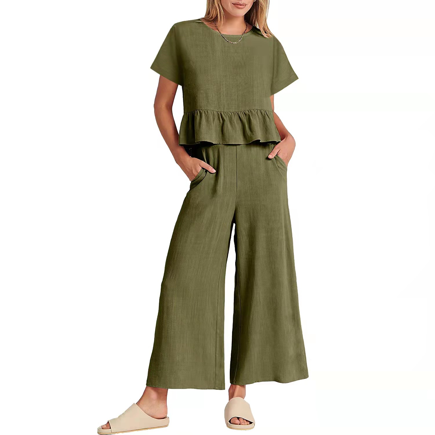 2024 Women's New Summer Short-Sleeved Pleated Wide-Leg ninth pants casual suit