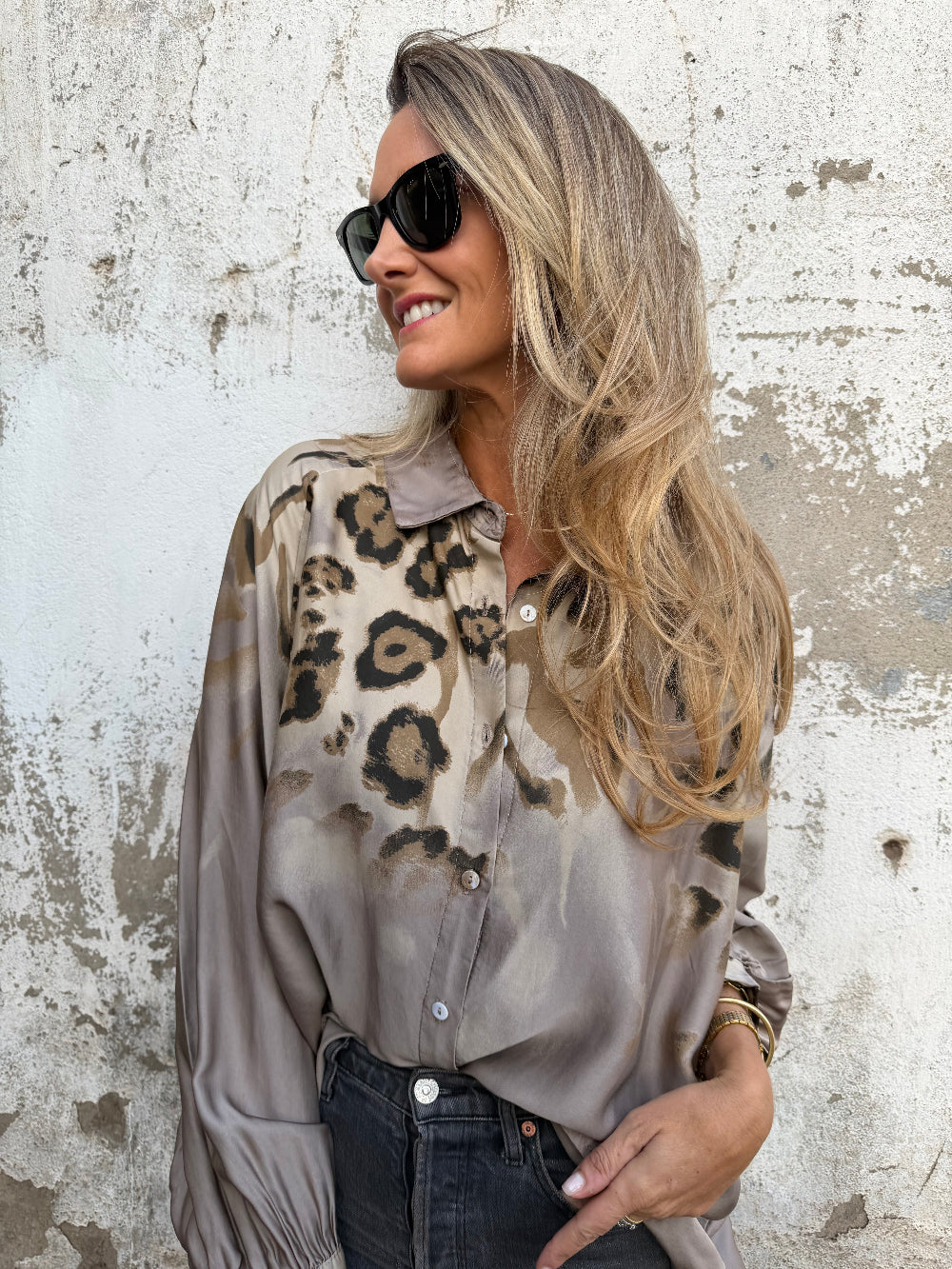 Leopard Print Bubble Sleeve Silk Blend Blouse