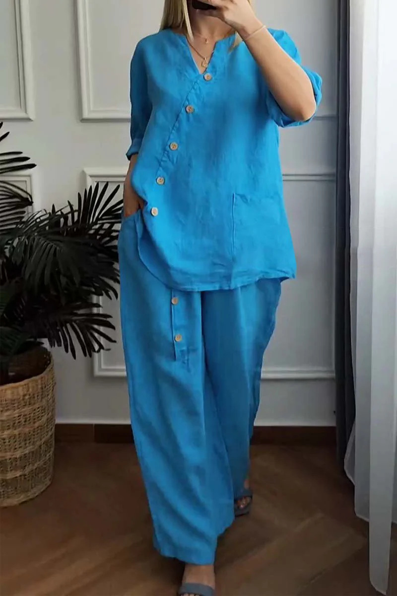 Women's Cotton & linen casual Short Sleeve Shirt & Pants Set