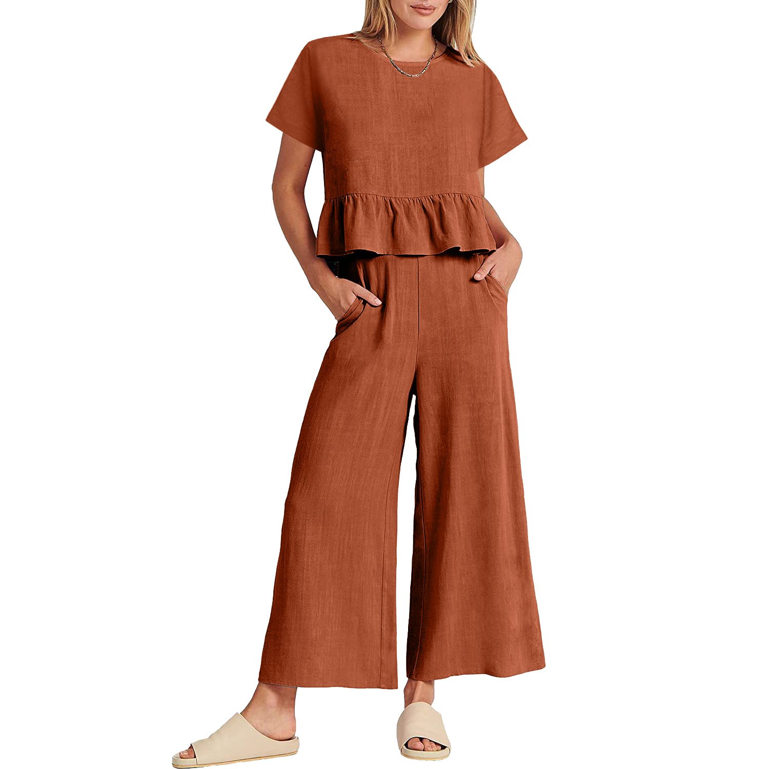 2024 Women's New Summer Short-Sleeved Pleated Wide-Leg ninth pants casual suit