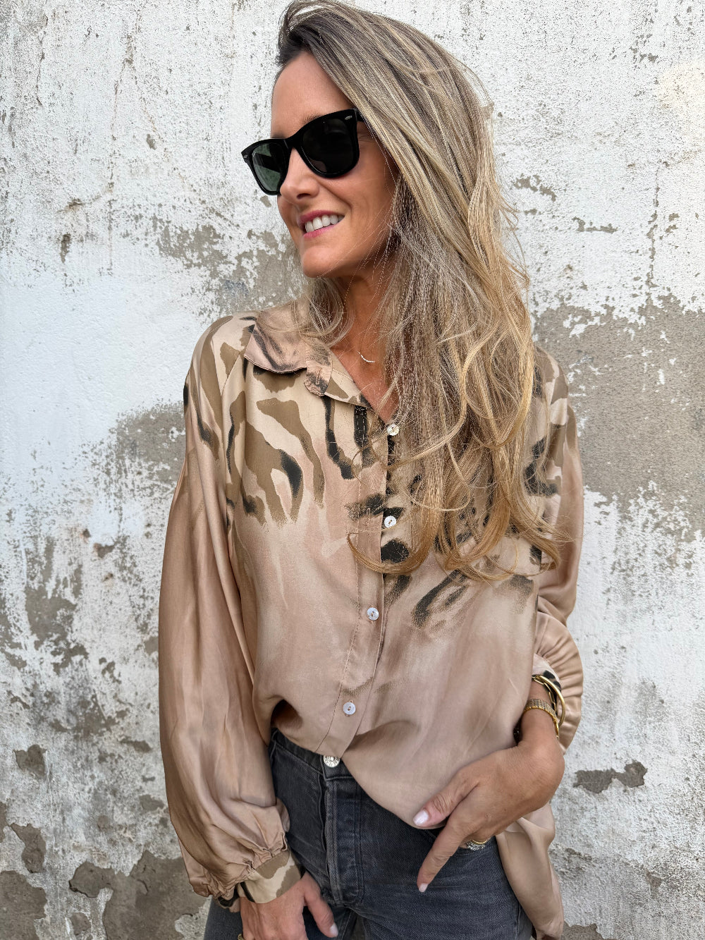 Leopard Print Bubble Sleeve Silk Blend Blouse