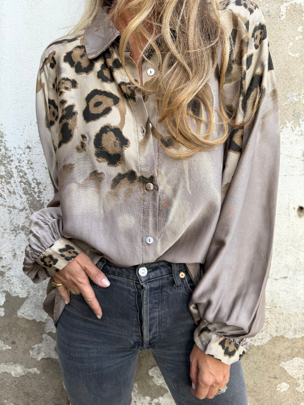 Leopard Print Bubble Sleeve Silk Blend Blouse