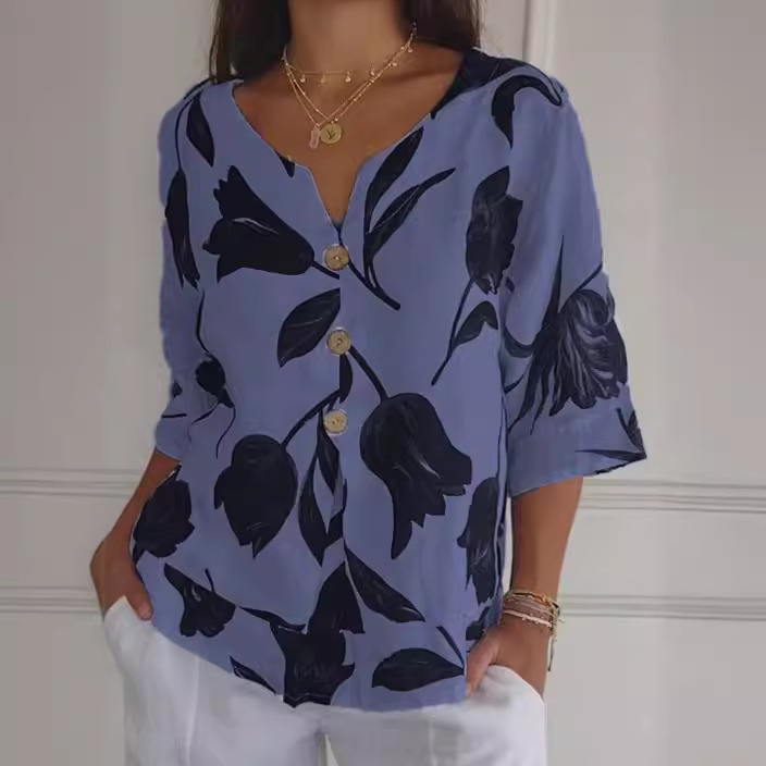 Women's Casual Relaxed Linen Print Top
