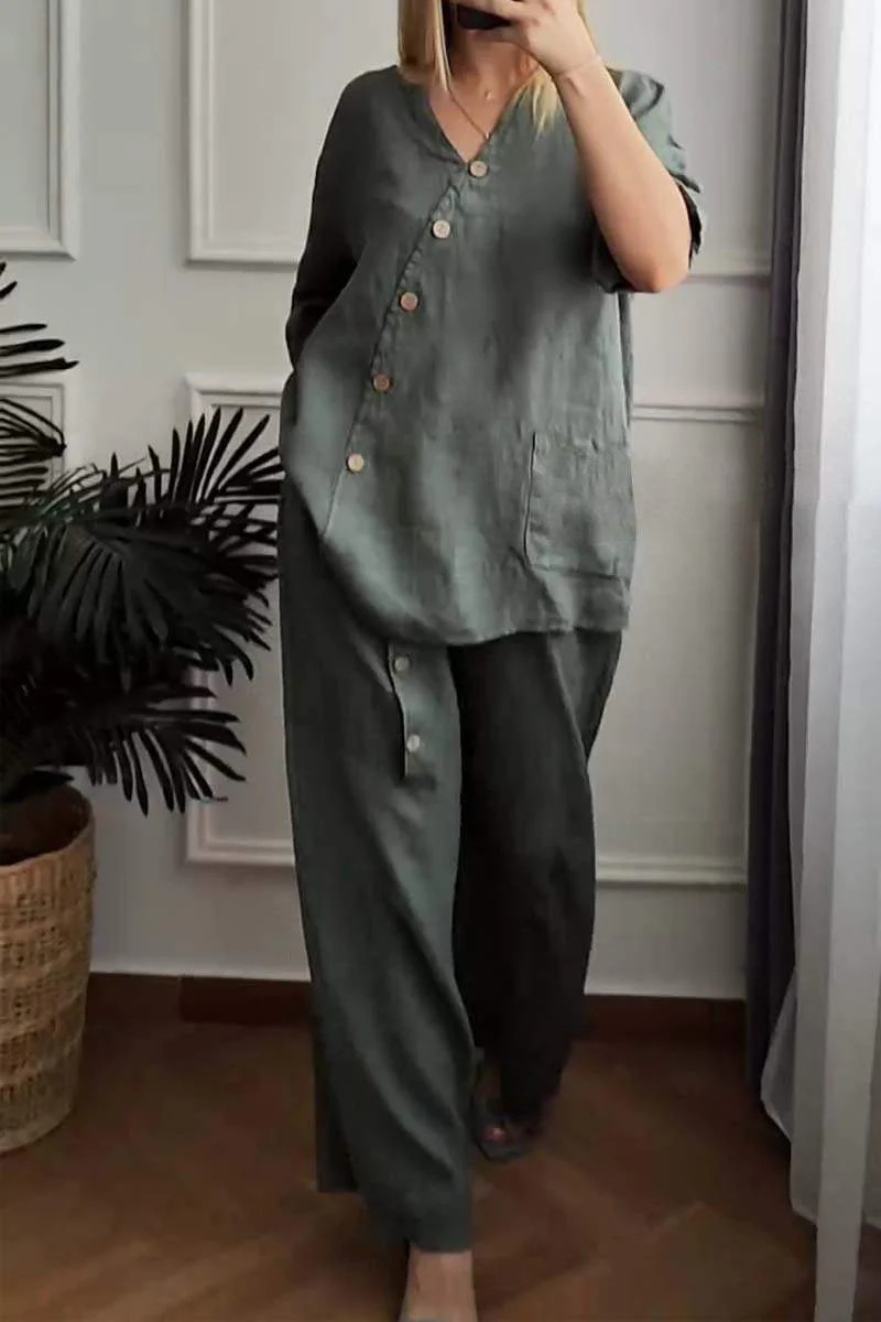 Women's Cotton & linen casual Short Sleeve Shirt & Pants Set